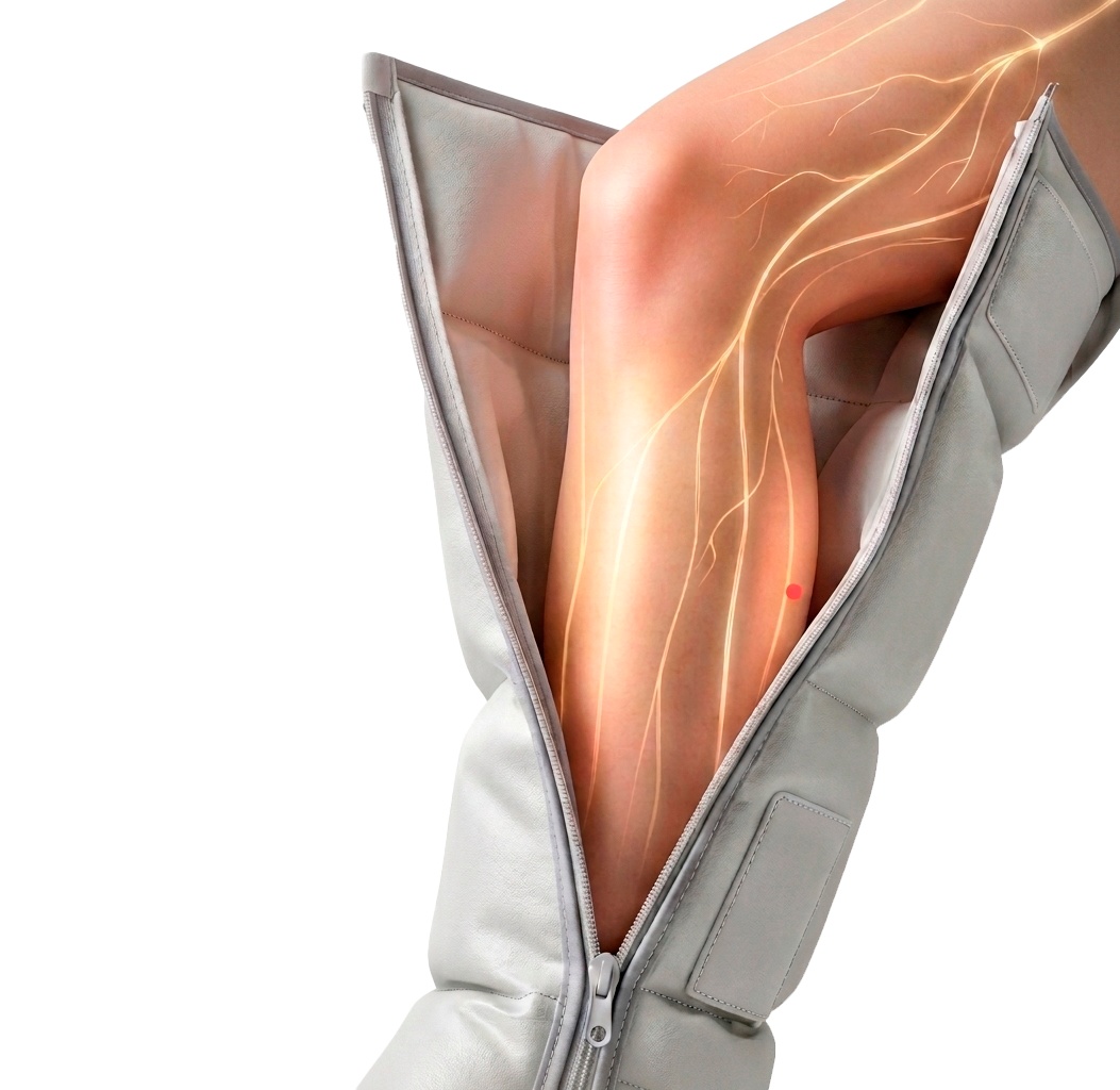 Ilustración de presoterapia activa para piernas ligeras post-vuelo