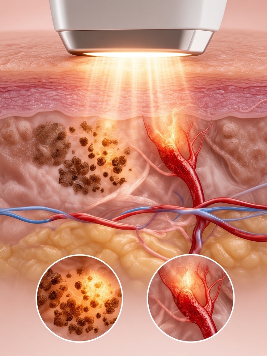 Corte de piel con el cabezal de IPL emitiendo luz sobre la melanina y un vaso sanguíneo.