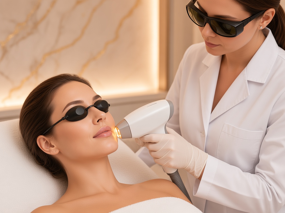 Sesión ilustrativa de IPL médico facial con protección ocular en HR Clinic Madrid